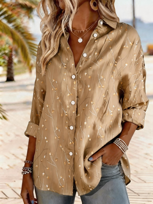 Women‘s Long Sleeve Leaf Regular Loose Shirt