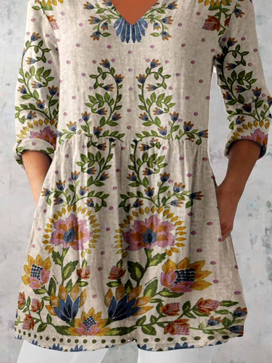 Women's Elegant Floral Print V-Neck  Top