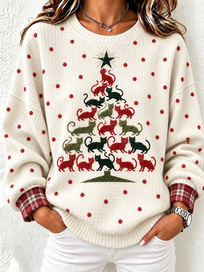 Cat Christmas Tree Polka Dot Crew Neck Sweatshirt
