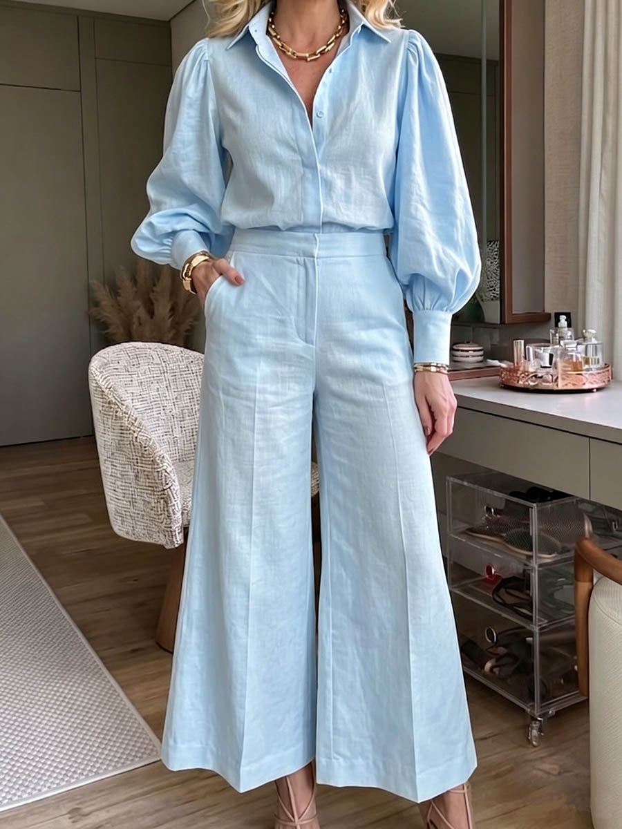 Women's Solid-color Cotton-linen Set: Collared Long-sleeve Loose-fit Cardigan And High-waisted Wide-leg Pants