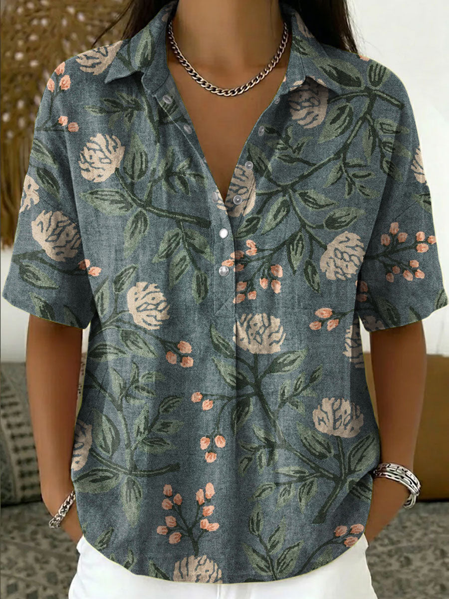 Women's Vintage Botanical Floral Casual Polo Collar Short-sleeved Linen And Cotton Shirt