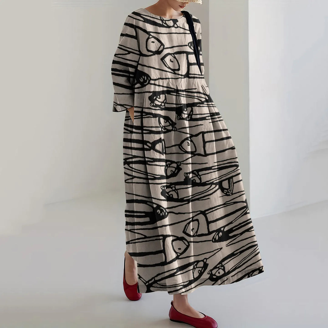 Women'S Vintage Fish Art Printed Casual Long Sleeve Midi Dress