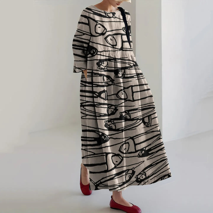 Women'S Vintage Fish Art Printed Casual Long Sleeve Midi Dress