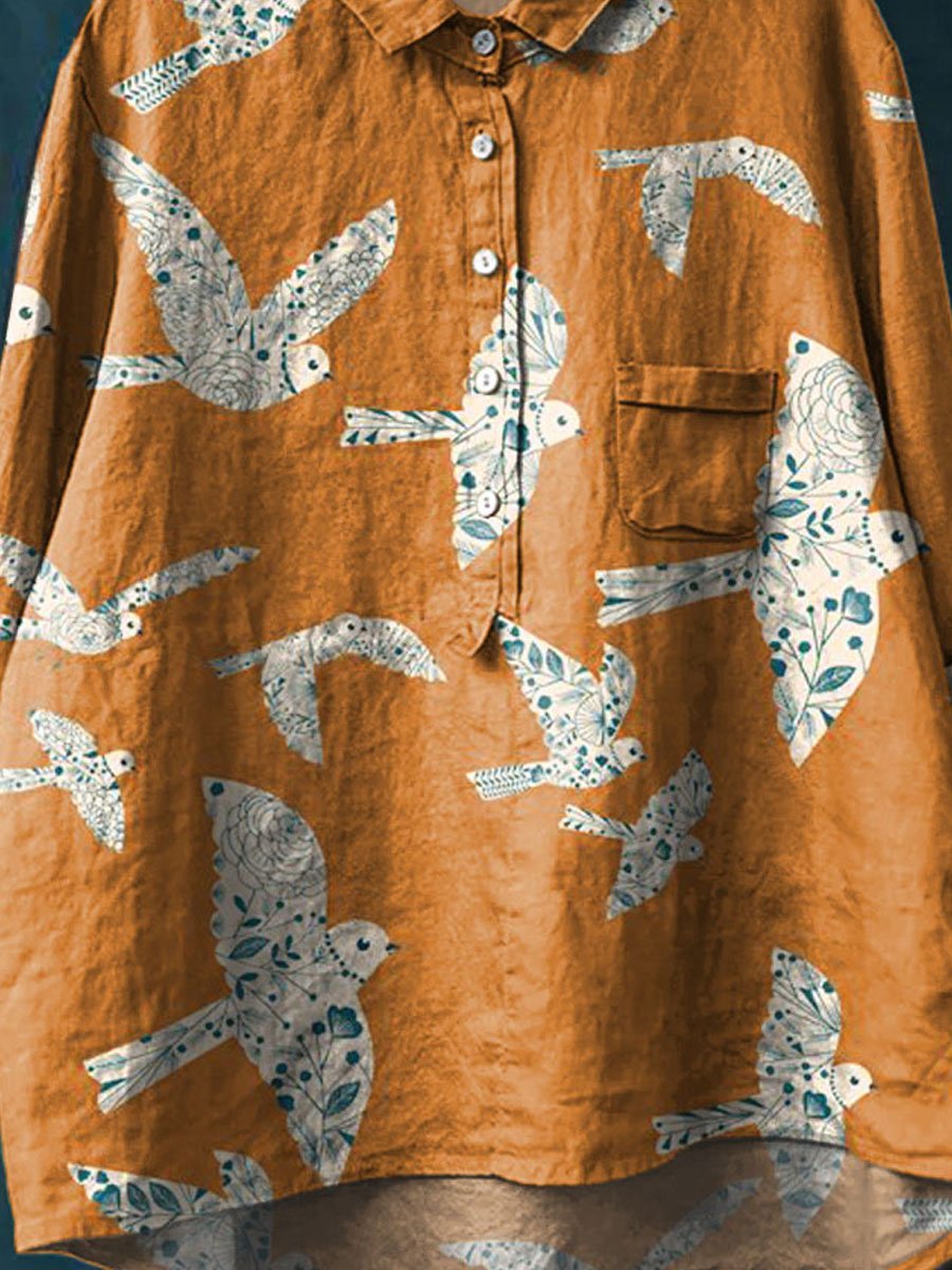 Vintage Lovely Birds Art Print Casual Cotton And Linen Shirt