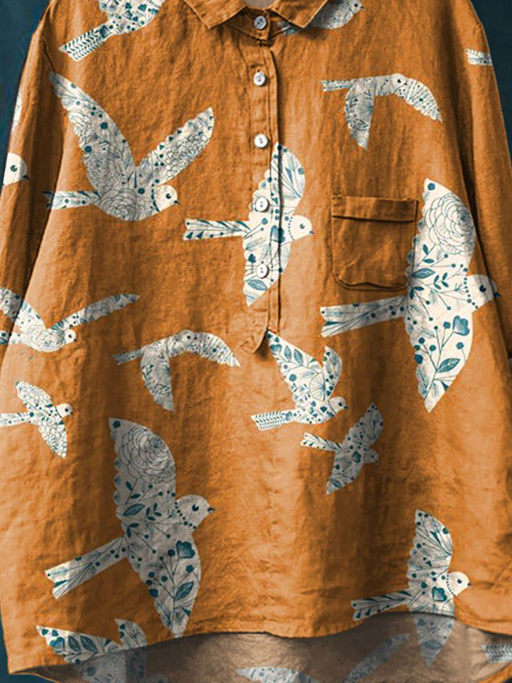 Vintage Lovely Birds Art Print Casual Cotton And Linen Shirt