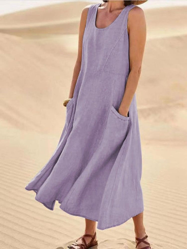 Women Sleeveless Sundress Elegant Round Neck Cotton Linen Solid Long Tank Casual Summer Dress