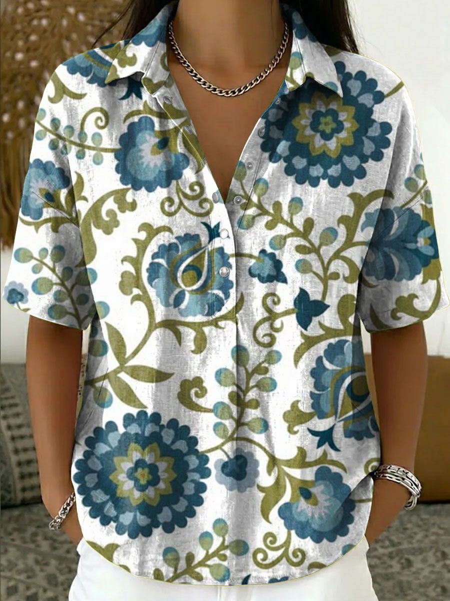 Women's Vintage Botanical Floral Casual Polo Collar Short-sleeved Linen And Cotton Shirt