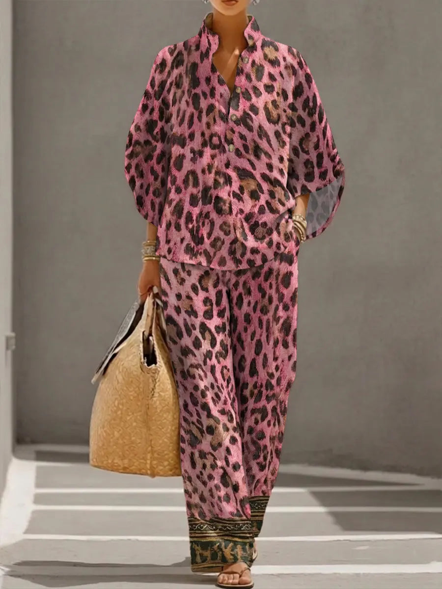 Women's Retro Leopard Art Print Casual 3/4 Sleeve Top And Pants Cotton Linen Suits