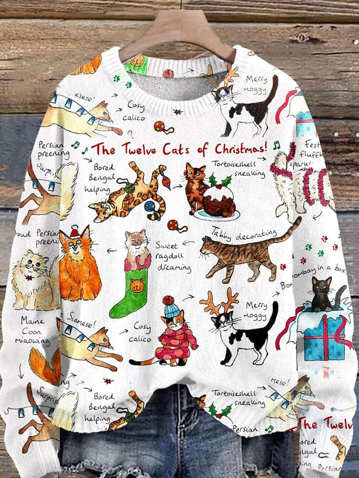 The Twelve Cats Of Christmas  Funny Cat Christmas Print Knit Pullover Sweater