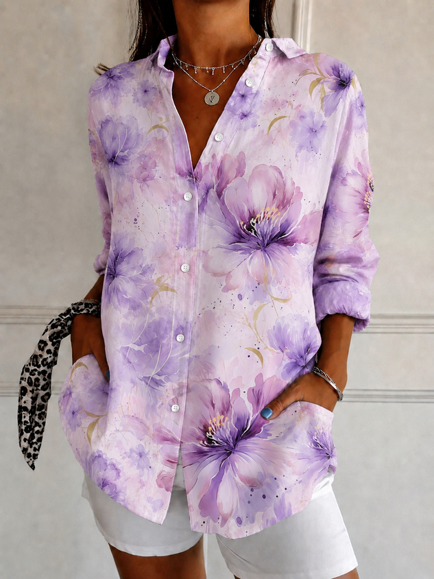Women's Floral Print Loose Fit Long Sleeve Shirt
