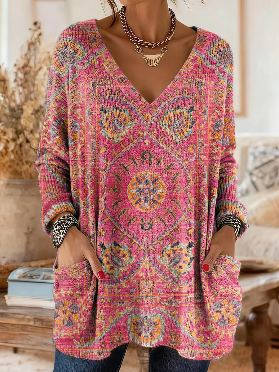 Women's Retro Pink Ethnic Floral Art Print V-Neck Casual Long-Sleeve Sweater
