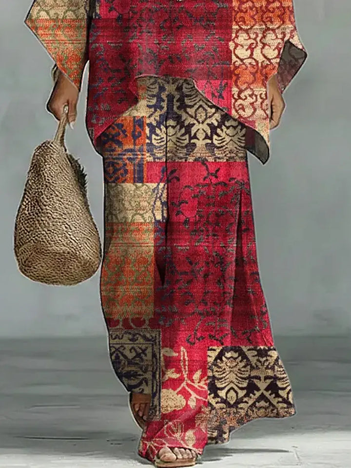 Women's Vintage Ethnic Floral Art Comfortable Loose Cotton Linen Wide-leg Pants Two-piece Set