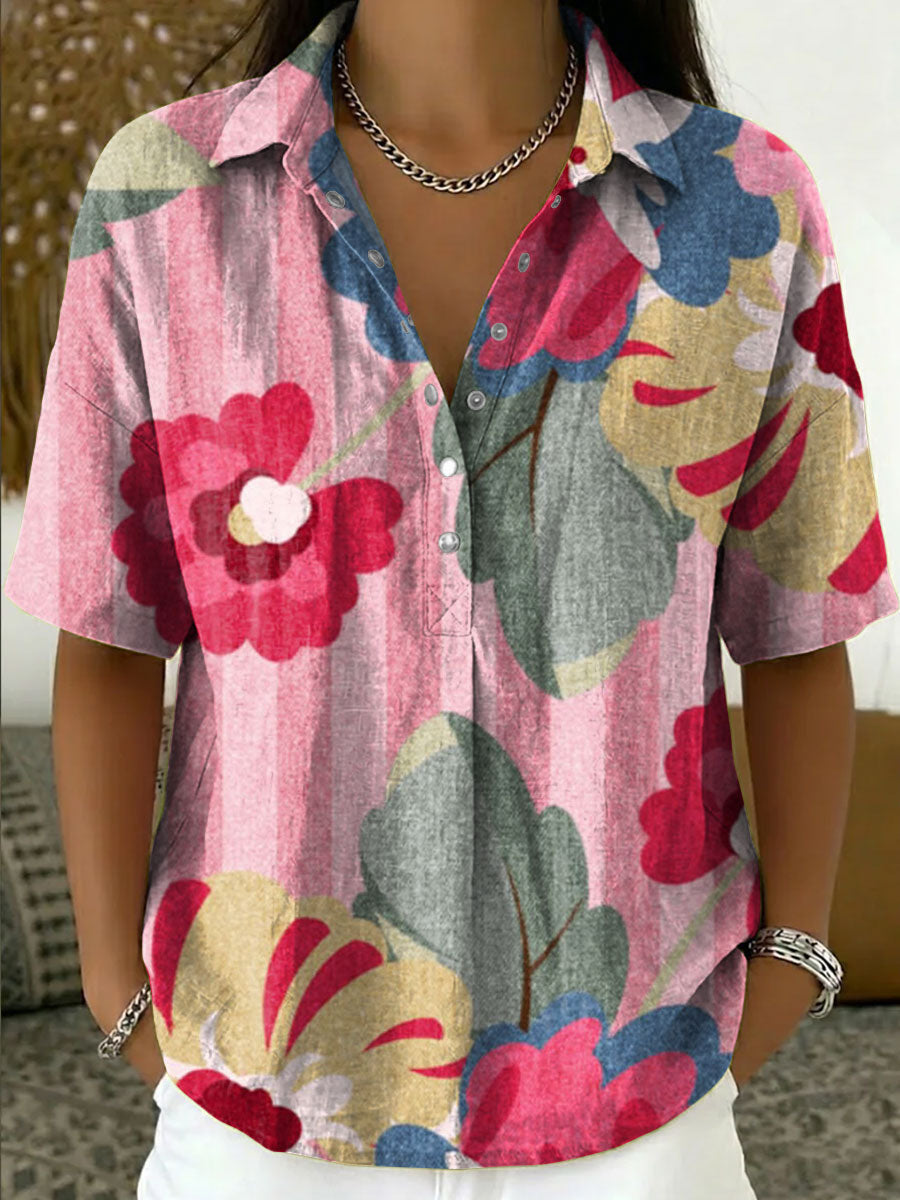 Women's Vintage Botanical Floral Casual Polo Collar Short-sleeved Linen And Cotton Shirt