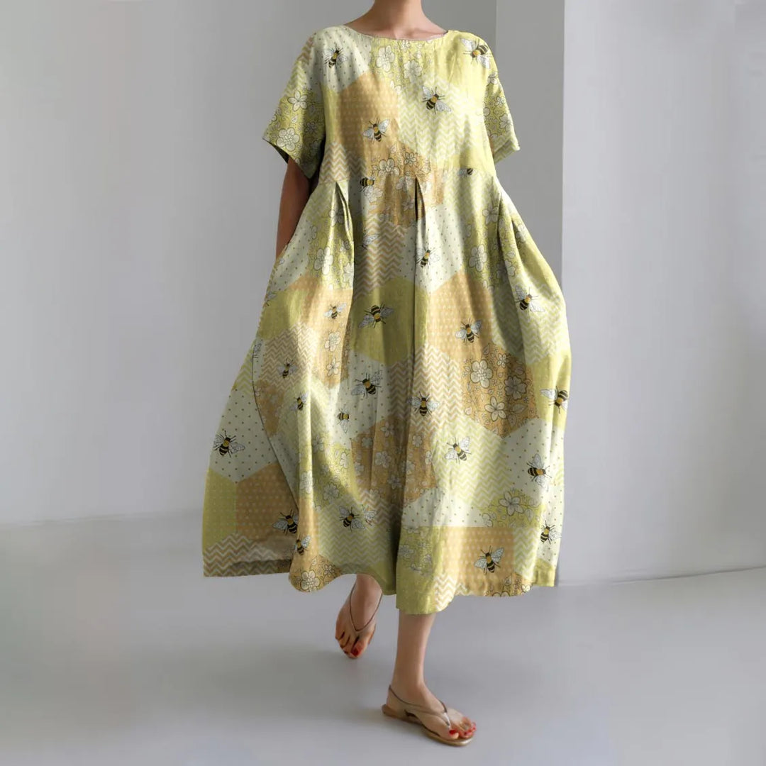 Squares Patchwork Honey Bees Embroidery Art Print Casual Midi Dress