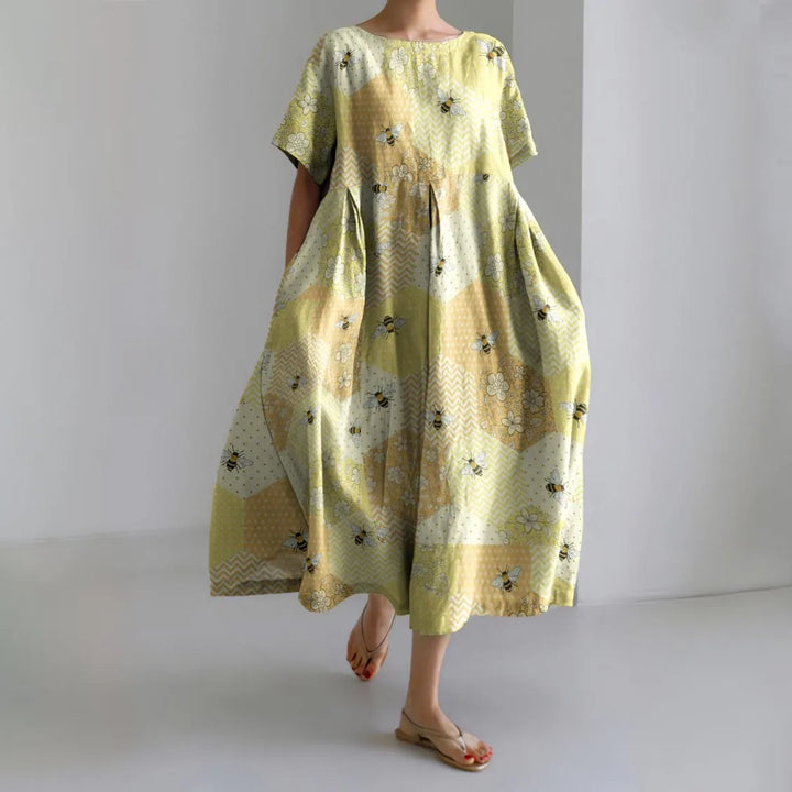 Squares Patchwork Honey Bees Embroidery Art Print Casual Midi Dress