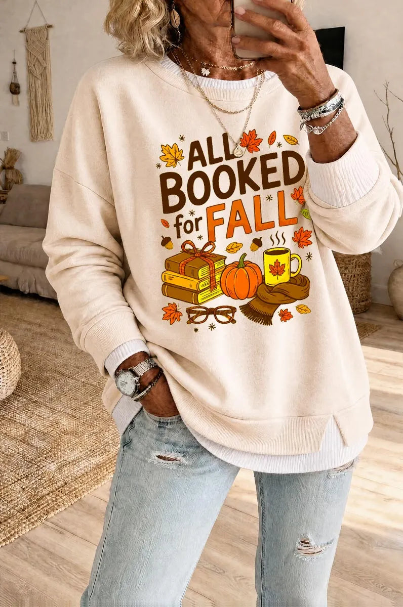 Women's All Booked For Fall Pattern Fake Two Piece Layered Sweatshirt
