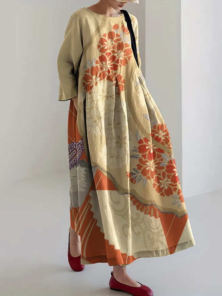 Women Japanese Art Blossom Printed Casual Midi Dress