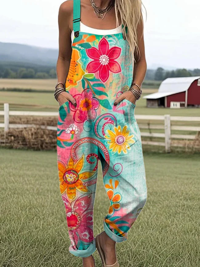 Women's Vintage Floral Pattern Art Print Casual Cotton Linen Wide Leg Jumpsuit