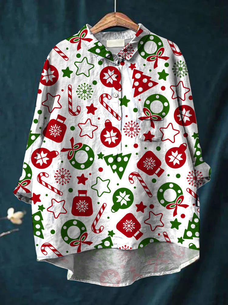 Women's cartoon Christmas art printed cotton and linen shirt