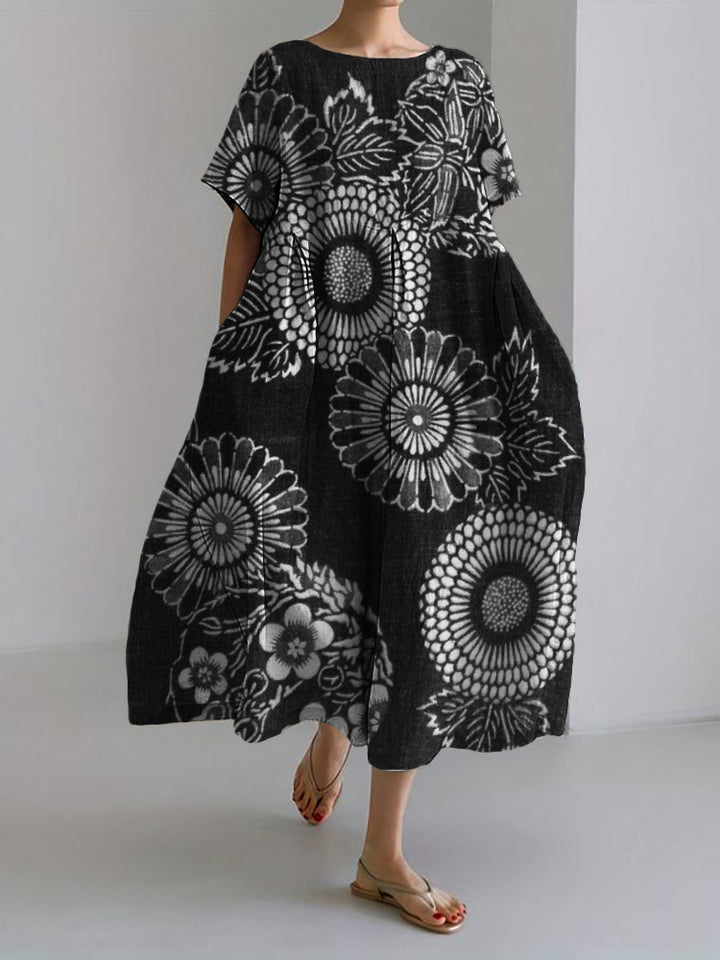 Cherry Blossom Floral Japanese Art Linen Blend Maxi Dress