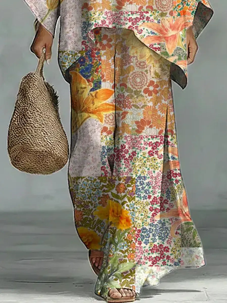 Women's Vintage Floral Art Comfortable Loose Cotton Linen Wide-leg Pants Two-piece Set