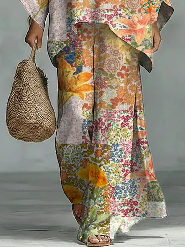 Women's Vintage Floral Art Comfortable Loose Cotton Linen Wide-leg Pants Two-piece Set