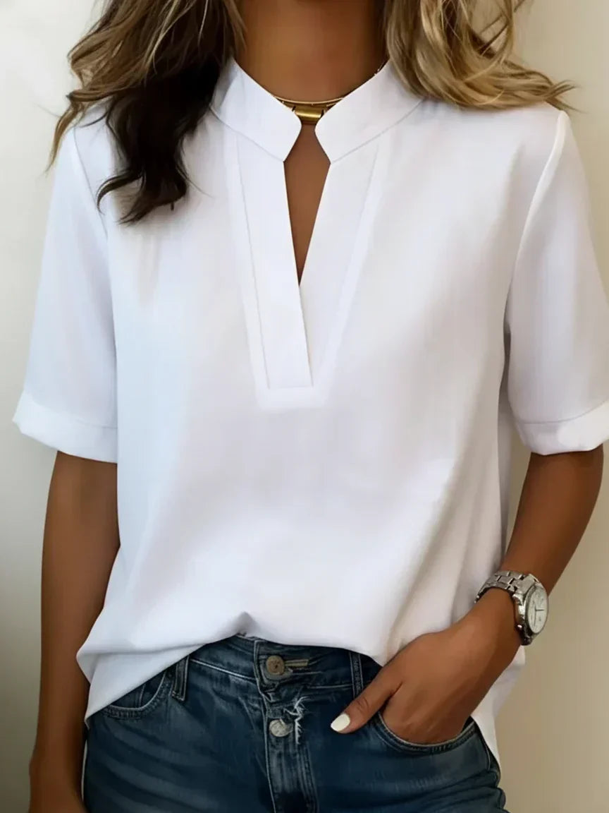 Half Sleeve Stand Collar Cotton And Linen Shirt