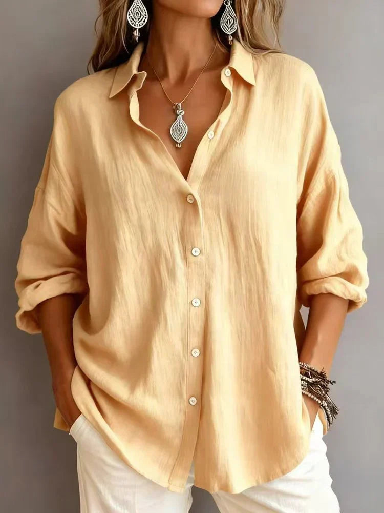 Plain Pattern Long Sleeve Cotton And Linen Polo Shirt
