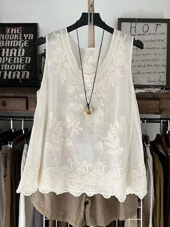 Vintage Plain Lace Floral Sleeveless Casual Vest Top