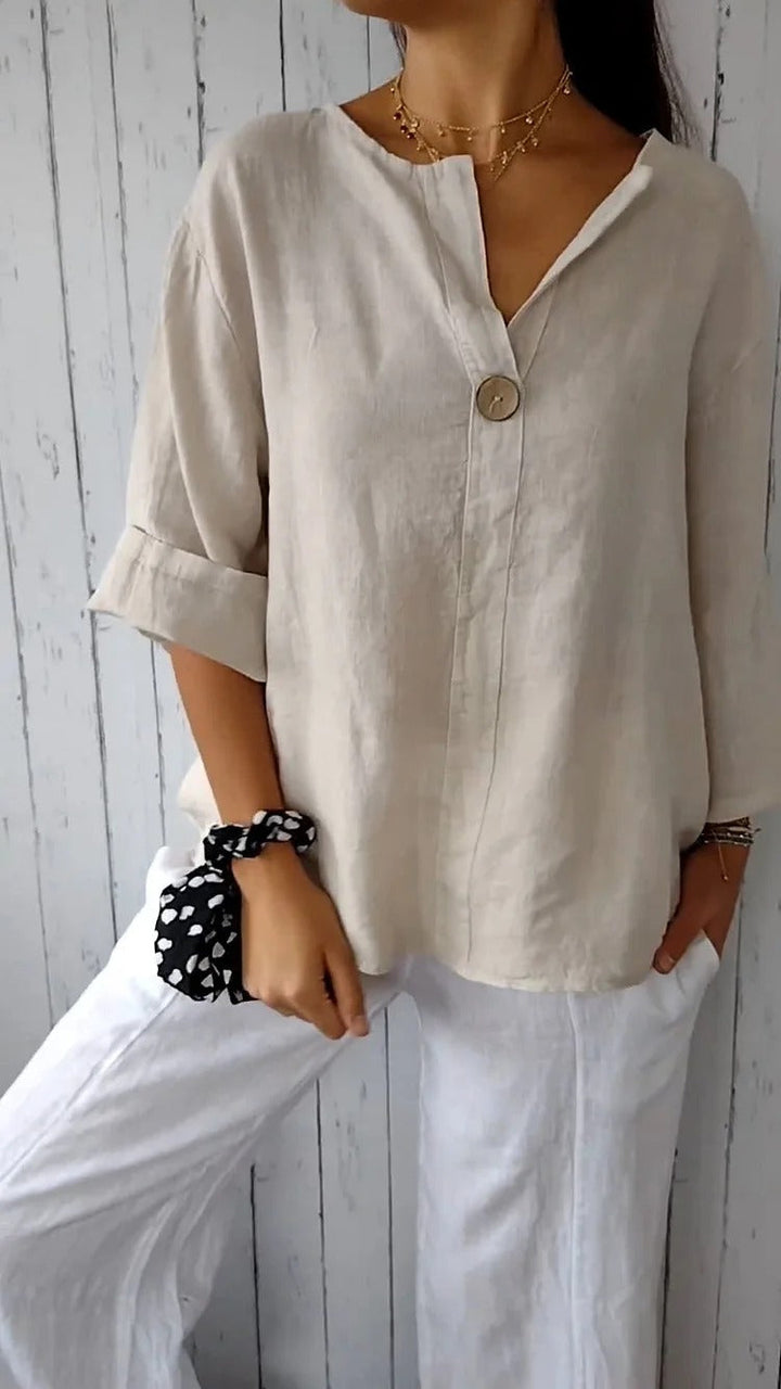 Solid Buttoned V-Neck Short Sleeve Blouse