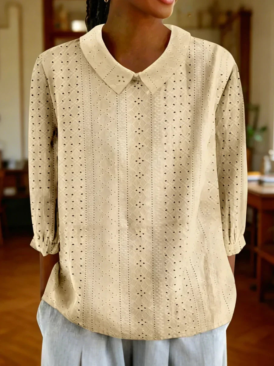 Solid Color Lapel Neck 3/4 Sleeve Top