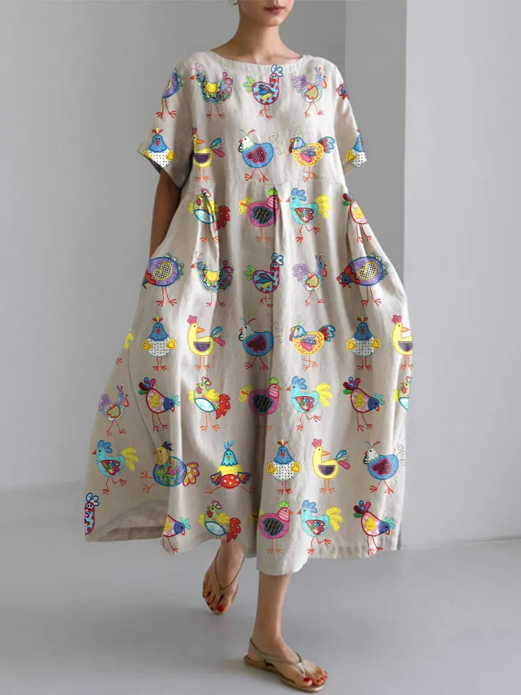 Funny Chickens Embroidery Pattern Linen Blend Dress