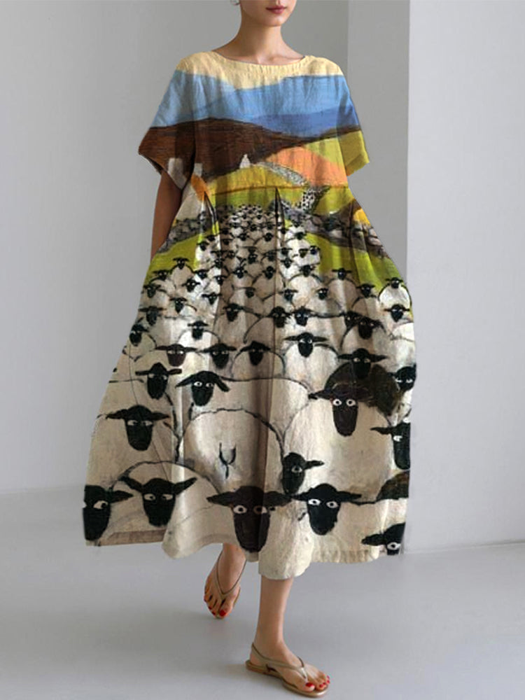 Women's Farm Sheep Print Linen Blend Casual Dress