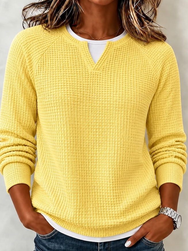 Women's Long Sleeve Crew Neck Solid Waffle Sweatshirt