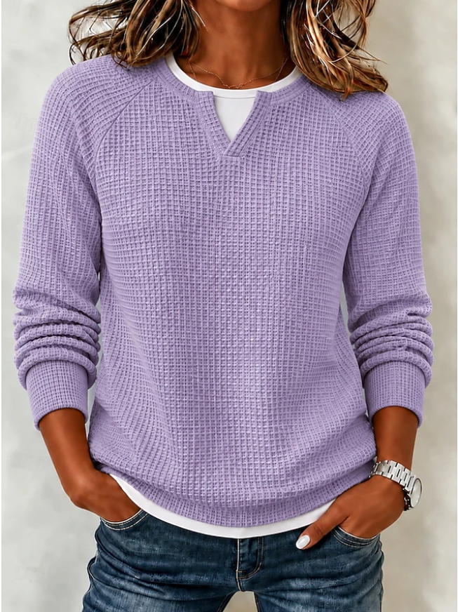 Women's Long Sleeve Crew Neck Solid Waffle Sweatshirt
