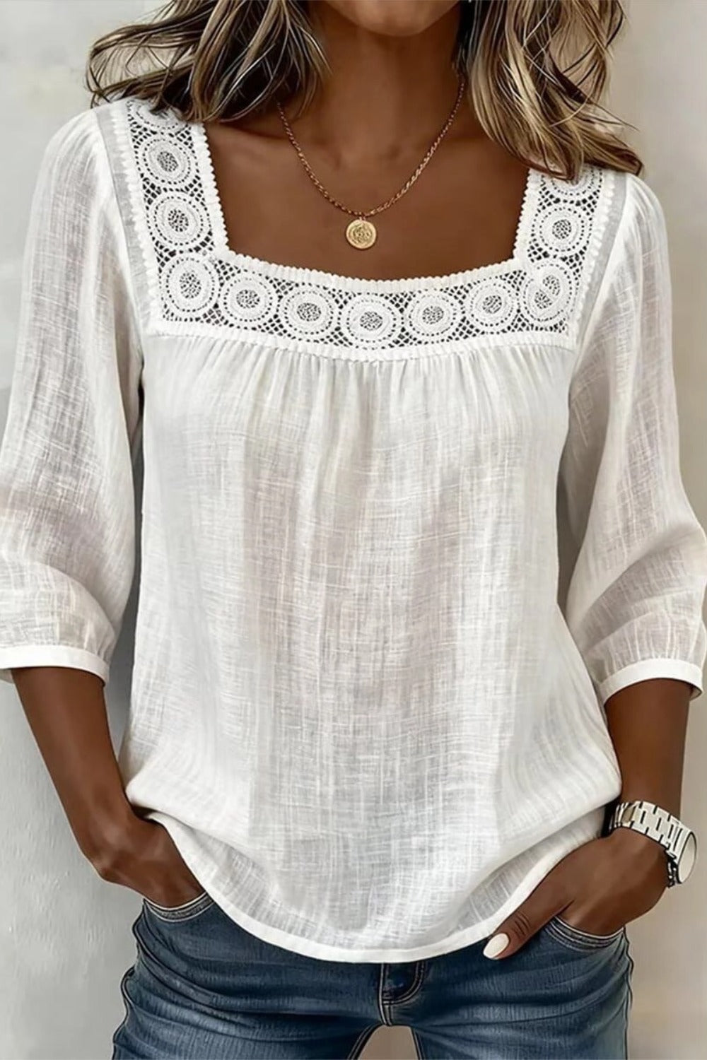Women's Square Neck Half Sleeve Plain Regular Loose Blouse