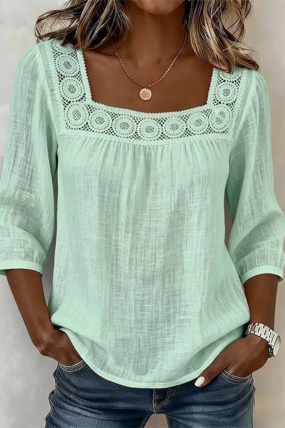 Women's Square Neck Half Sleeve Plain Regular Loose Blouse