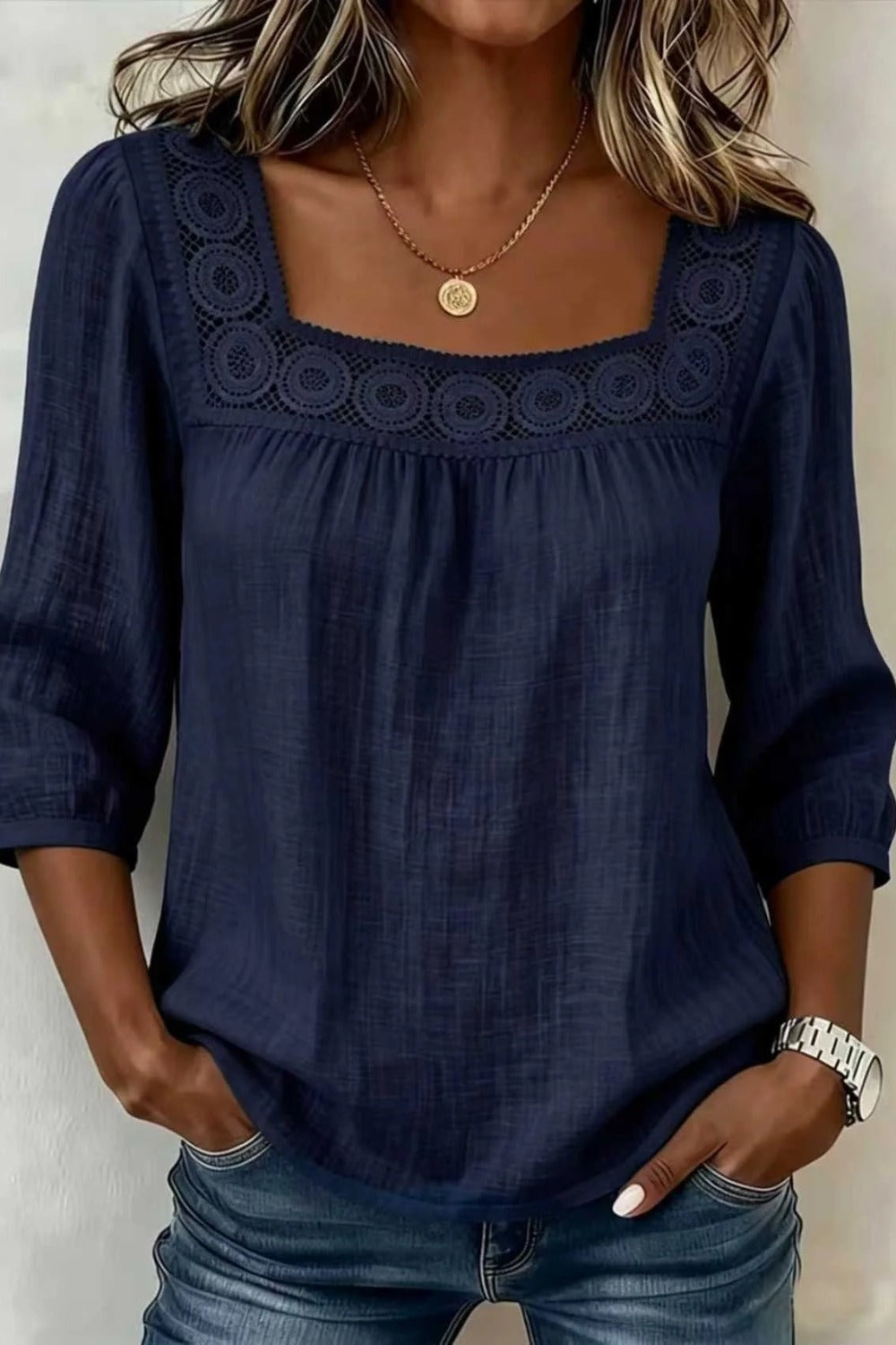 Women's Square Neck Half Sleeve Plain Regular Loose Blouse