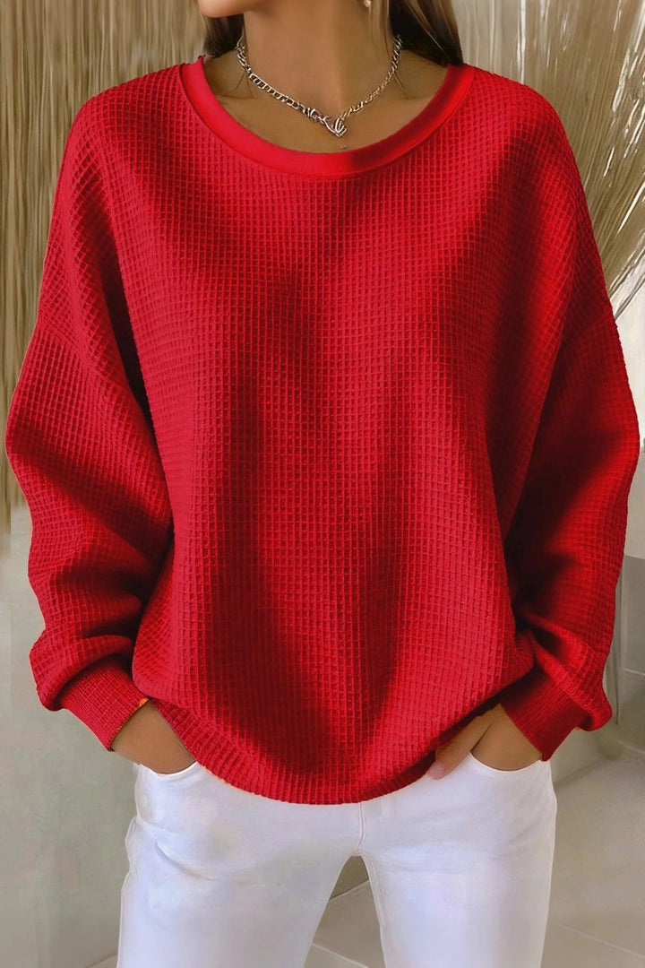 Women's  Casual Plain Crew Neck Waffle Sweatshirt