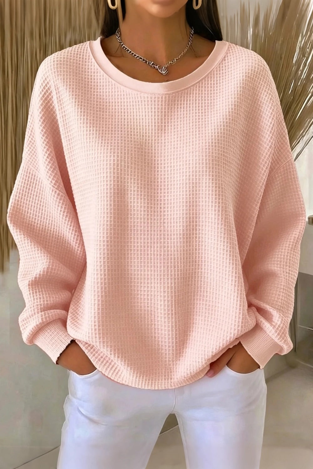 Women's  Casual Plain Crew Neck Waffle Sweatshirt