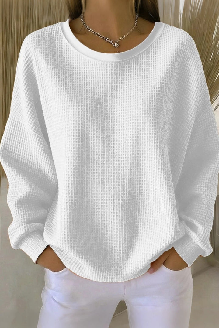 Women's  Casual Plain Crew Neck Waffle Sweatshirt