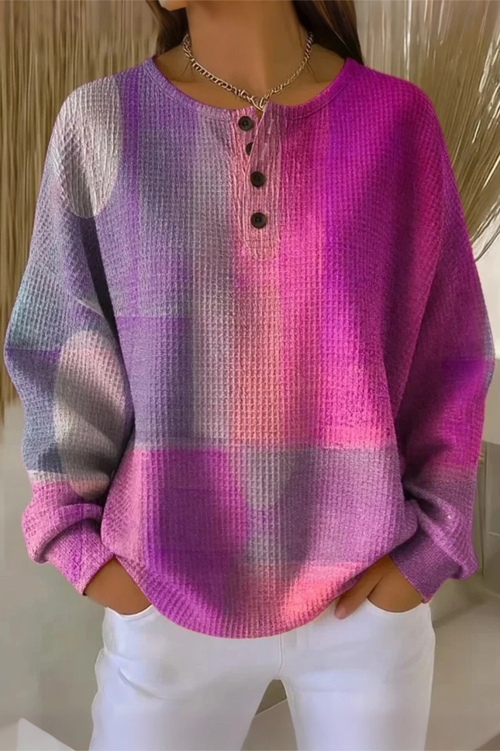 Women's Casual Crew Neck Abstract Printing Casual Waffle Cotton Sweatshirt