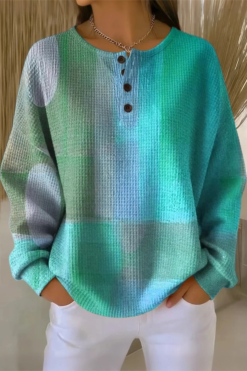 Women's Casual Crew Neck Abstract Printing Casual Waffle Cotton Sweatshirt