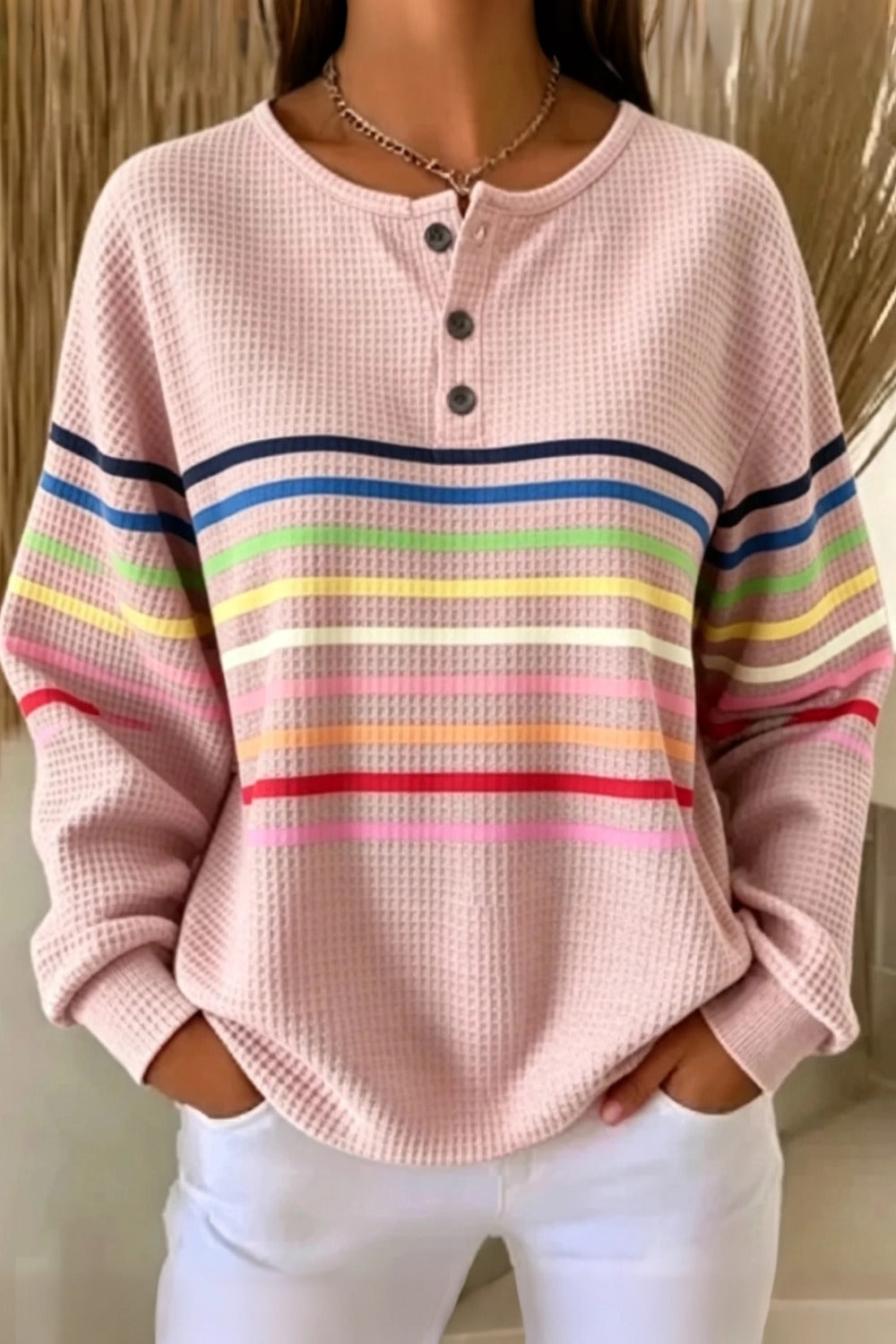 Women's Casual Crew Neck Abstract Printing Casual Waffle Sweatshirt