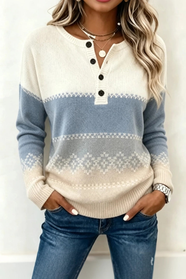 Casual Geometric Henley Collar Long Sleeve Sweater