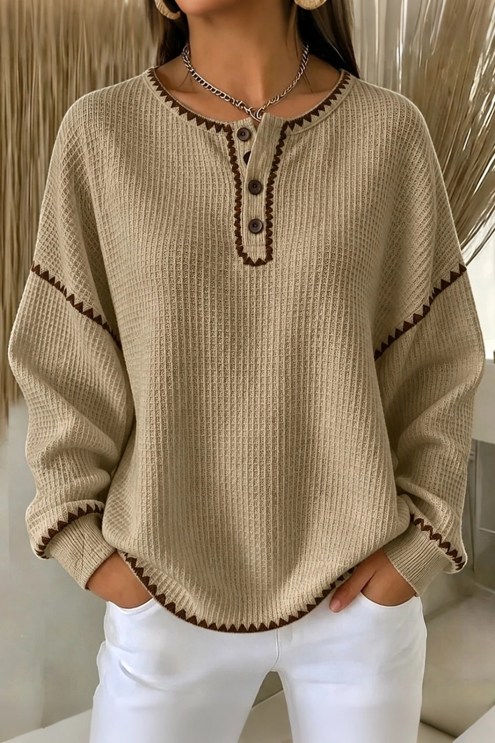 Women Casual Color Block Henley Collar Long Sleeve Sweatshirt