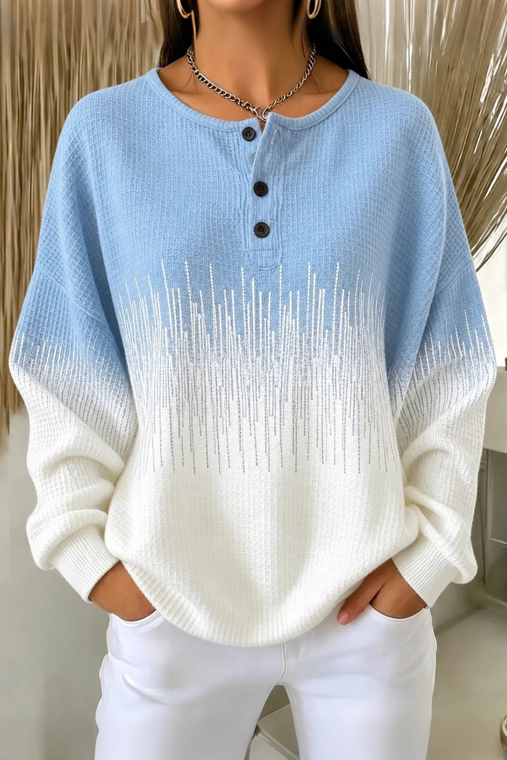 Women Casual Abstract Henley Collar Long Sleeve Sweatshirt