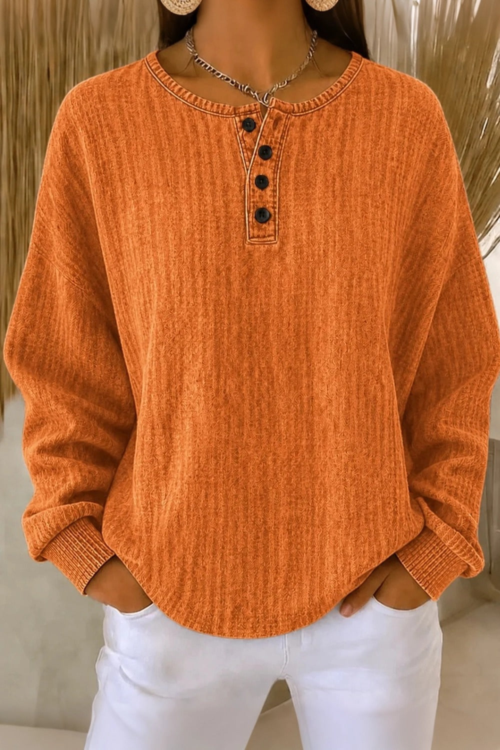 Women Casual Plain Henley Collar Long Sleeve Sweatshirt