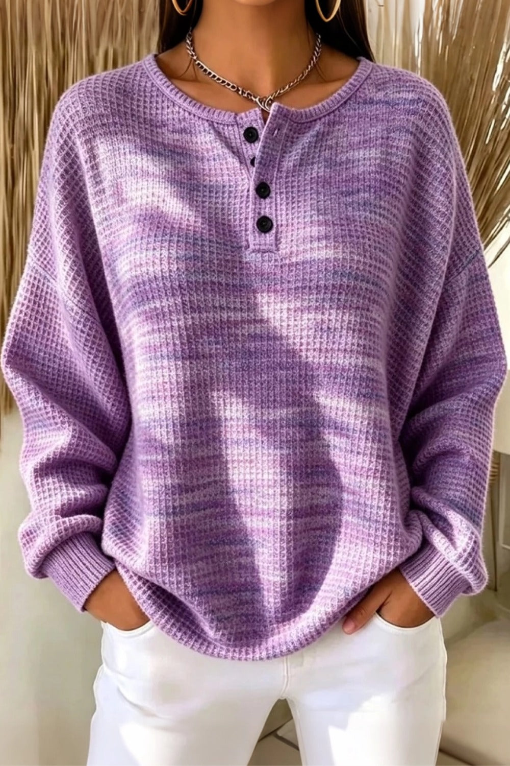Women Casual Striped Henley Collar Long Sleeve Sweatshirt