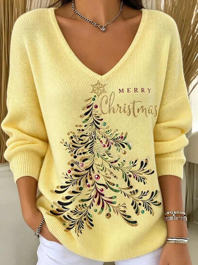 Women's Vintage Christmas Tree V Neck Long Sleeve Sweater